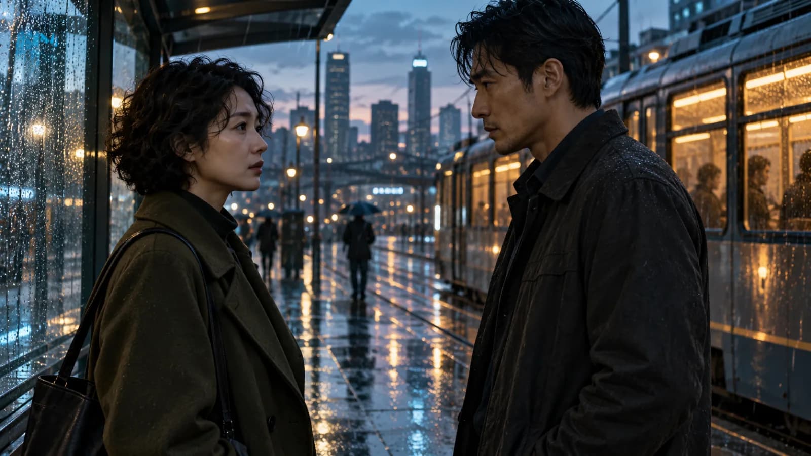 都市悬念 · 雨夜下一站. 原创 AI 概念图,非已交付客户作品或真实制作现场。