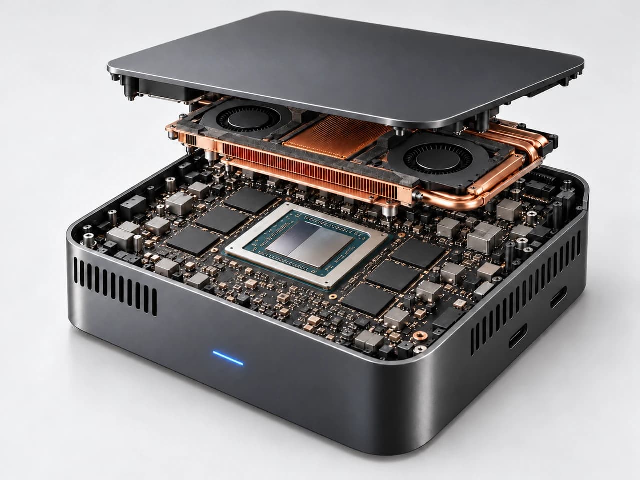 AMD Ryzen AI Max+ 395 · AI 生成的原创场景概念图;画面统一采用镜界V6公开的外观概念,不代表各品牌采购设备的实际机壳。