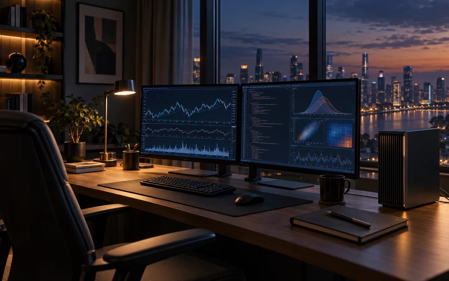 AI 生成场景:夜间书房中,双显示器显示行情曲线与分析图表,旁边是本地计算主机